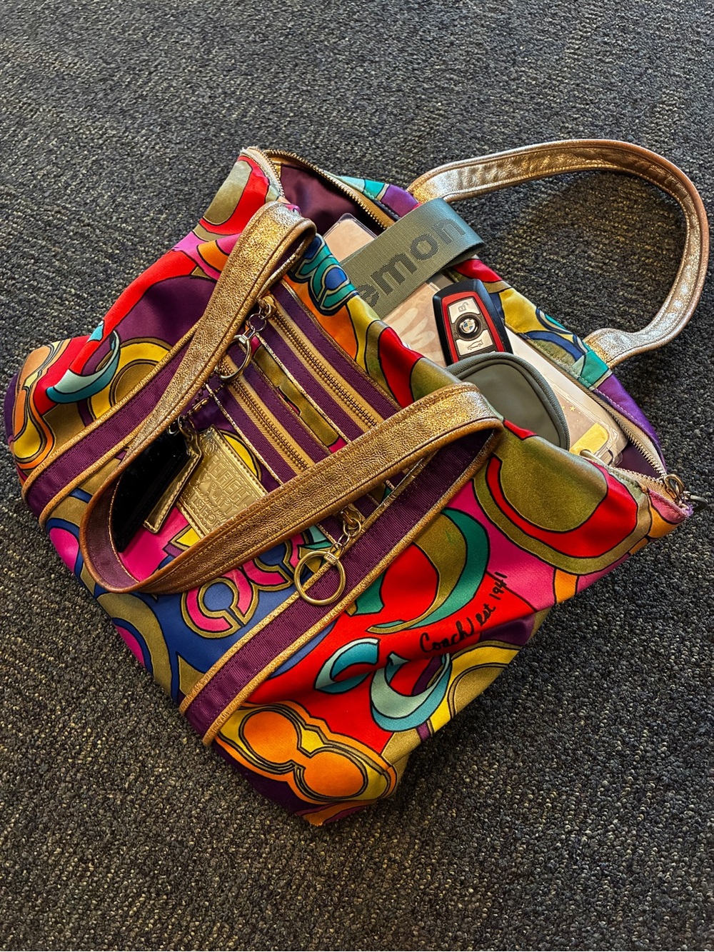 Coach Multicolor Retro Print Tote with Gold Trim